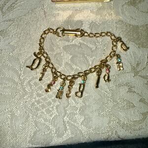 Vintage Disneyland Charm Bracelet Child Size Letter Charms Rhinestone Gold Tone